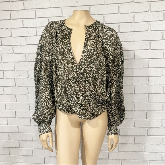 Iro Paris Leopard Print Wrap Blouse Green Black V-Neck Puff Sleeve Size 44